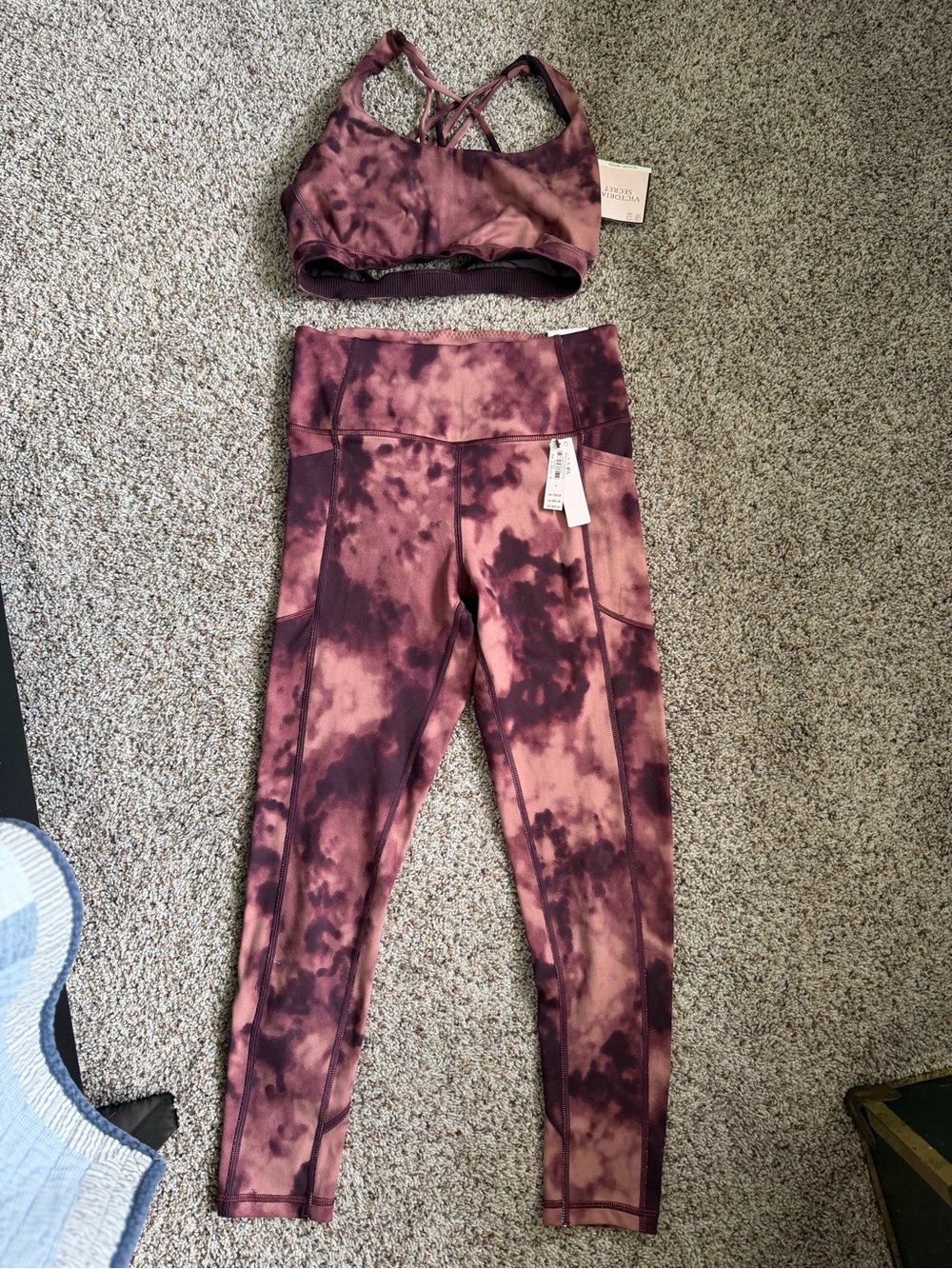 Victoria's Secret Pink and Burgundy Tie-Dye Leggings & Sports Bra Set